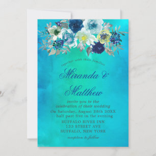 Blue Teal Watercolor Peony Wedding Invitations 