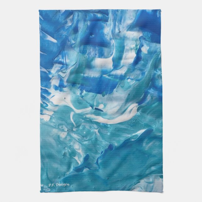 Blue Teal White Abstract Acrylic Kitchen Towel (Vertical)