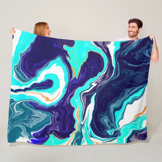 Blue, Teal, White and Gold Marble Swirls Fleece Blanket (In Situ)