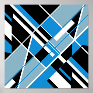 Blue Teal White Black Diagonal Crisscross Design Poster