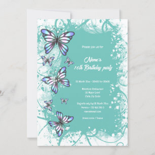 blue teal white watercolor butterfly party invitation