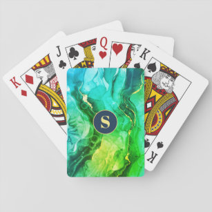 Blue Teal Yel & Dark Green Liquid Ink, Monogram Playing Cards