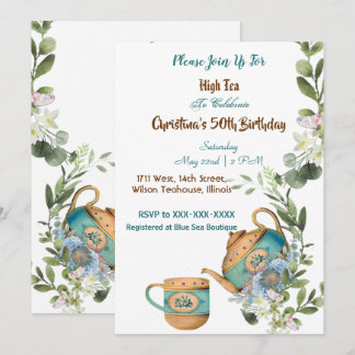 Blue Teapot Floral Afternoon High Tea 50 Birthday Invitation