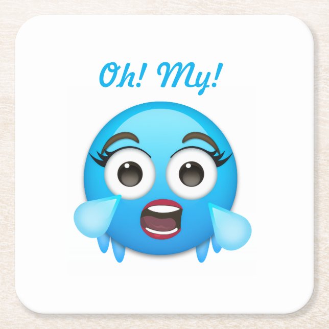 Blue Tears of Joy: The Overwhelmed Emoji Square Paper Coaster (Front)