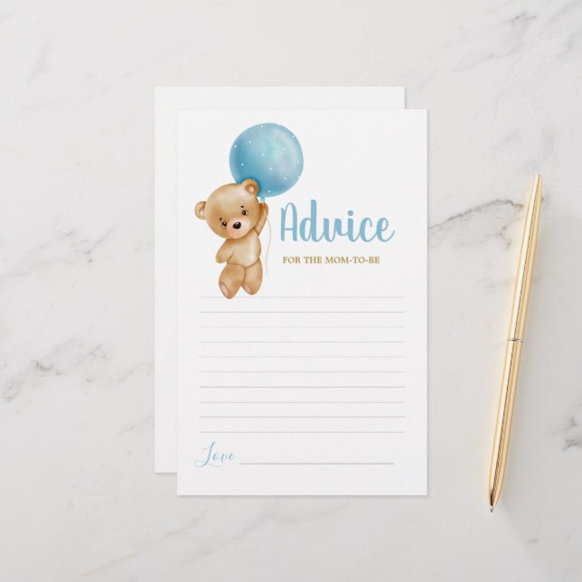 Blue Teddy Bear Advice for Mom To Be card (Front/Back In Situ)
