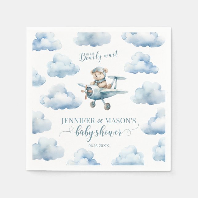 Blue teddy bear airplane baby boy shower napkin (Front)