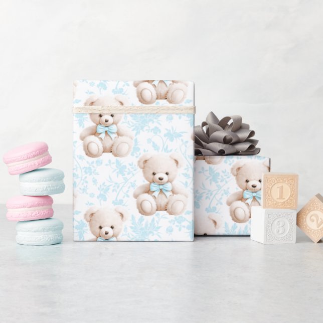 Blue teddy bear baby boy shower wrapping paper (Baby Shower)