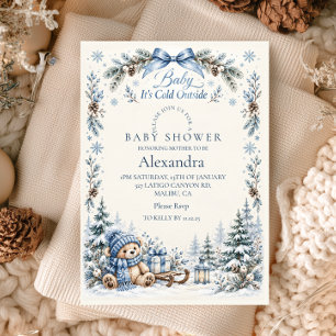 Blue Teddy Bear Baby It's Cold Outside Invitation