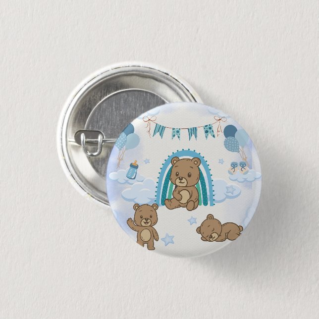 Blue Teddy Bear Baby Shower  1 Inch Round Button (Front & Back)