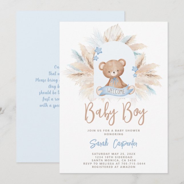 Blue Teddy Bear Baby Shower Boy Invitation (Front/Back)