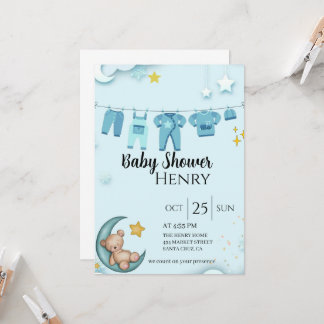 blue teddy bear baby shower boy invitation