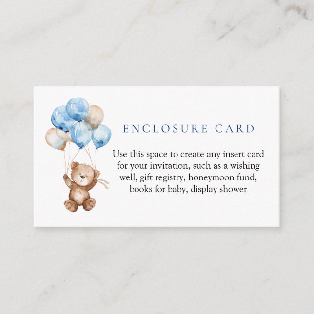 Blue Teddy Bear Baby Shower Enclosure Card (Front)
