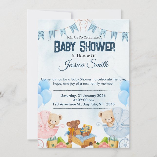 Blue Teddy Bear Baby Shower Invitation (Front)