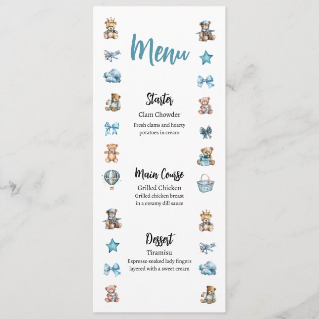 Blue Teddy Bear Baby Shower Menu (Front)