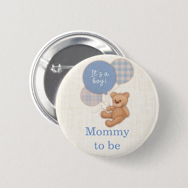 Blue Teddy Bear Baby Shower Mom To Be Button (Front & Back)