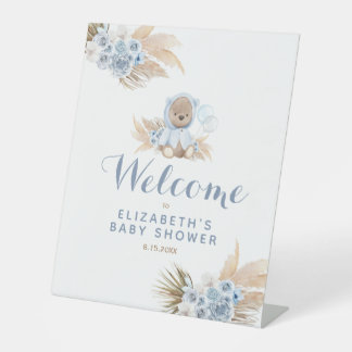 Blue Teddy Bear Baby Shower Pedestal Welcome Sign