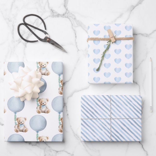 Blue Teddy Bear Baby Shower Wrapping Sheets (Front)