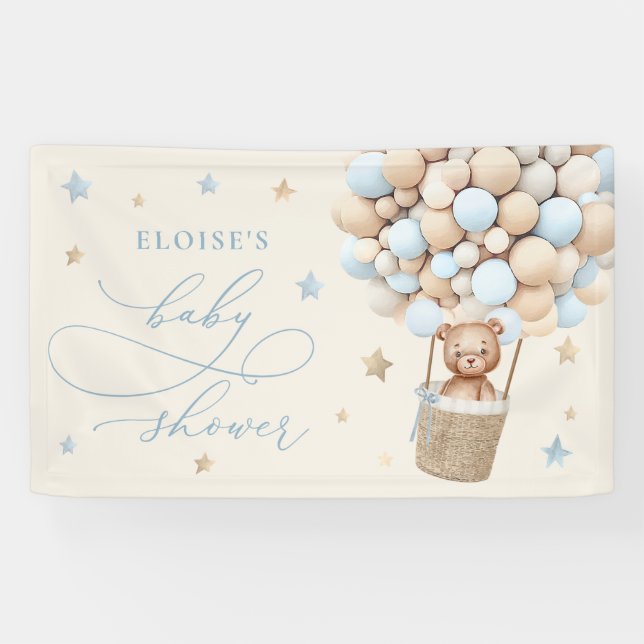 Blue Teddy Bear Balloon Bearly Wait Baby Shower Banner (Horizontal)