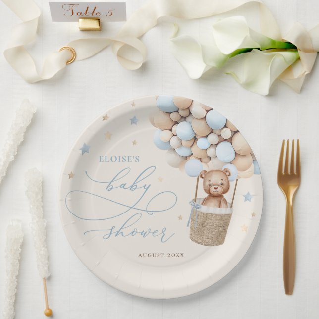 Blue Teddy Bear Balloon Bearly Wait Baby Shower Paper Plate (Wedding)