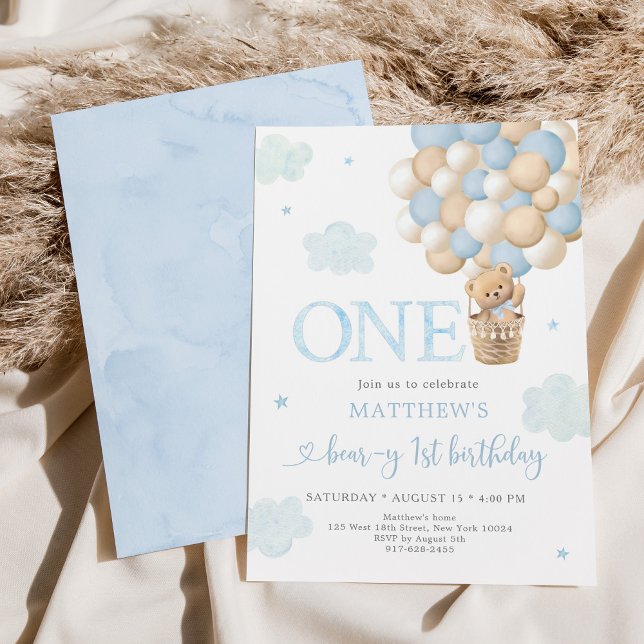 Blue Teddy Bear Balloon Beary First Birthday Invitation (Creator Uploaded)