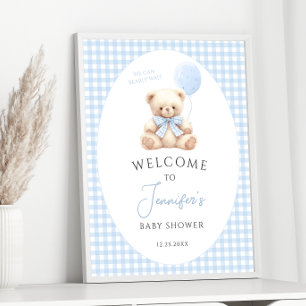Blue Teddy Bear Balloon Bow Baby Shower Welcome Poster
