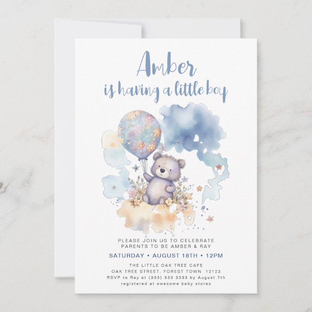 Blue Teddy Bear Balloon Cute Boy Baby Shower Invitation (Front)