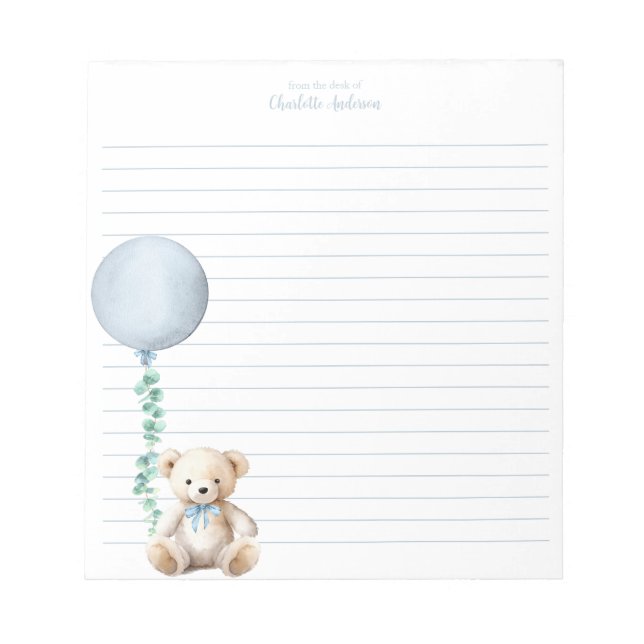 Blue Teddy Bear Balloon Personalized Notepad (Front)