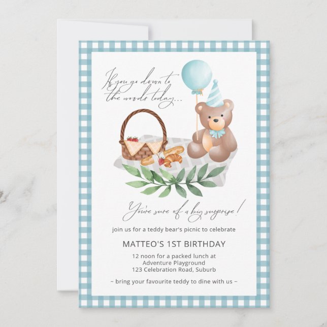 Blue Teddy Bear Balloon Picnic 1st Birthday Invitation (Front)