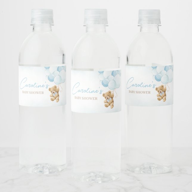 Blue Teddy Bear Balloons Baby Shower  Water Bottle Label (Bottles)