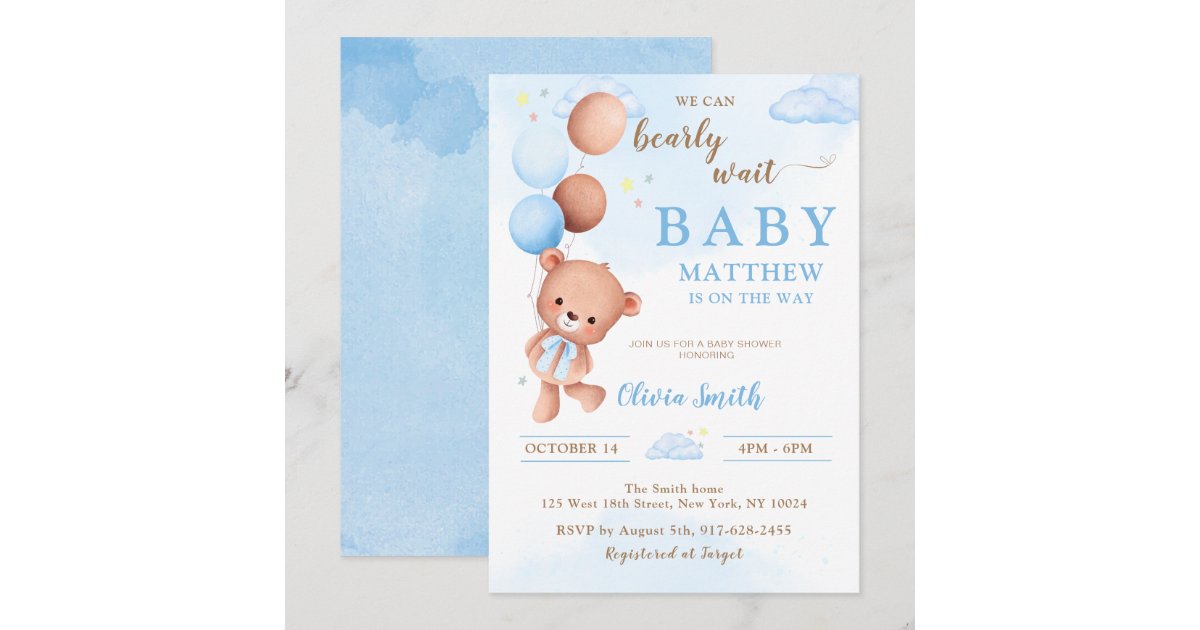 Blue Teddy Bear Balloons Boy Baby Shower Invitation | Zazzle