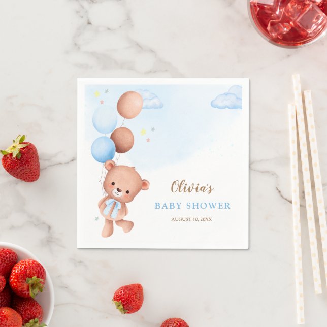 Blue Teddy Bear Balloons Boy Baby Shower Napkin (Insitu)