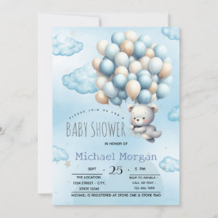 Blue Teddy Bear Balloons Clouds Baby Shower Invitation
