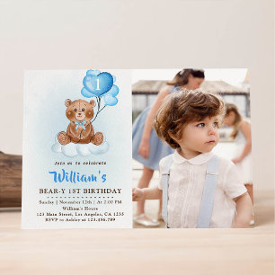 Blue Teddy Bear Balloons First Birthday Photo Invitation