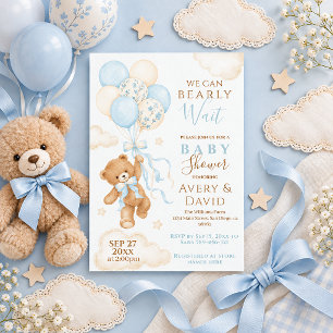 Blue Teddy Bear Bearly Wait Baby Shower Boy Invitation