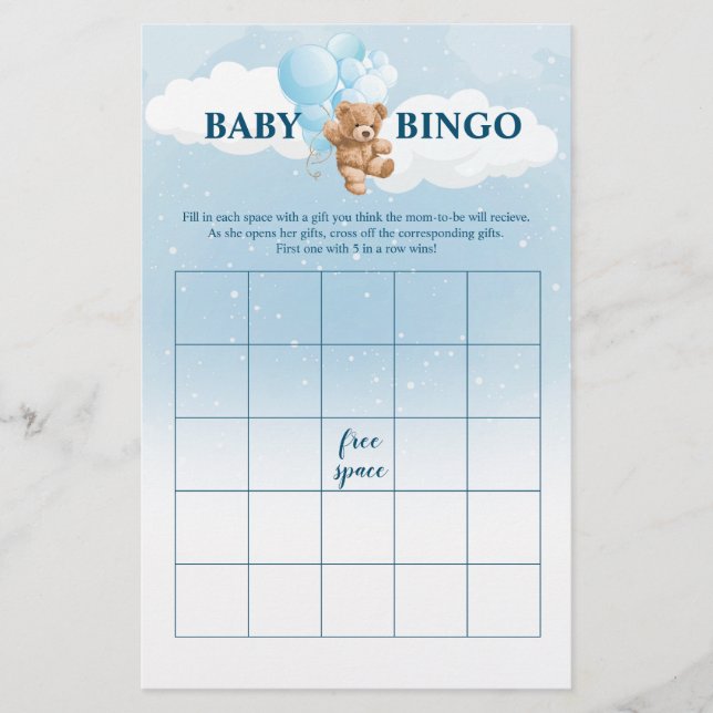 Blue Teddy Bear BINGO Baby Shower Games Flyer (Front)