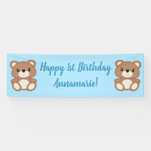 Blue Teddy Bear Birthday Party Banner (Horizontal)