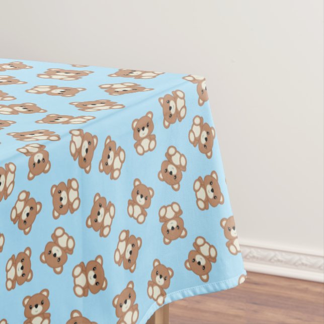 Blue Teddy Bear Birthday Party Tablecloth (In Situ)