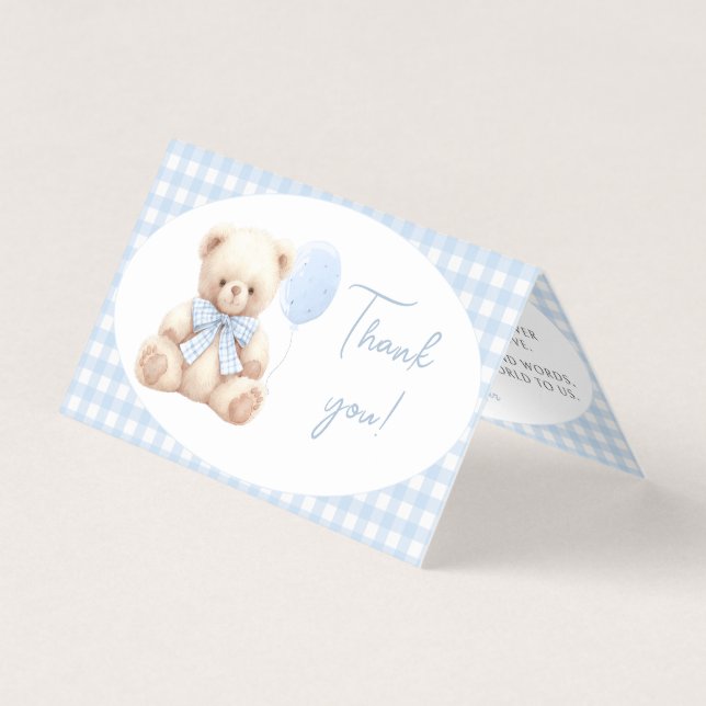 Blue Teddy Bear Bow Baby Shower Thank You Cards (Front)