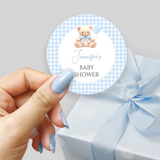Blue Teddy Bear Bow Balloon Baby Boy Shower  Classic Round Sticker (Creator Uploaded)