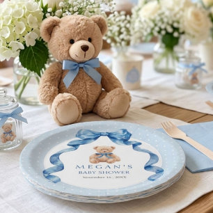 Blue Teddy Bear Boy Baby Shower Paper Plate
