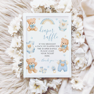Blue Teddy Bear Boy Boho Diaper Raffle Baby Shower Invitation