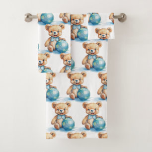 Blue Teddy Bear Boy's Bath Towel Set
