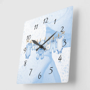 Blue Teddy Bear Clothesline Baby Shower Square Wall Clock