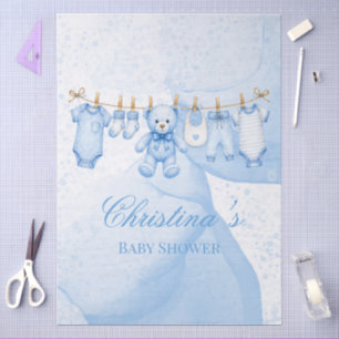 Blue Teddy Bear Clothesline Baby Shower Tissue Paper