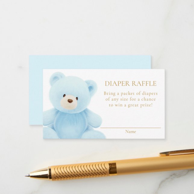 Blue Teddy Bear Diaper Raffle Enclosure Card (Front/Back In Situ)