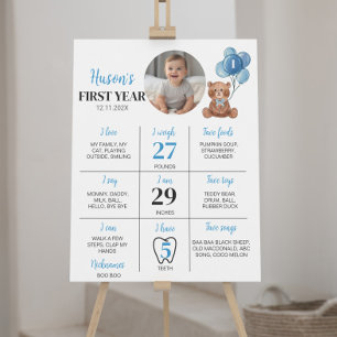 Blue Teddy Bear First Birthday Milestone Sign