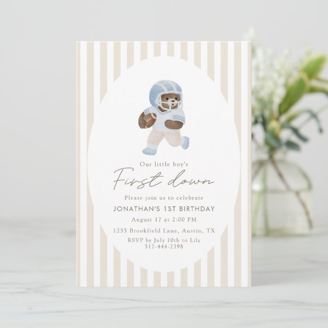 Blue Teddy bear First Down Football First Birthday Invitation (Standing Front)