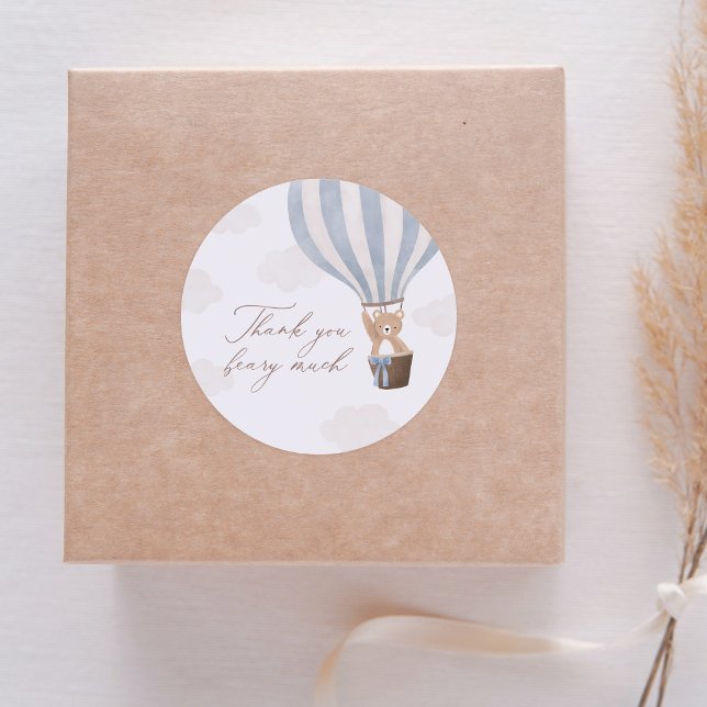 Blue Teddy Bear Hot Air Balloon Baby Shower Classic Round Sticker (Creator Uploaded)