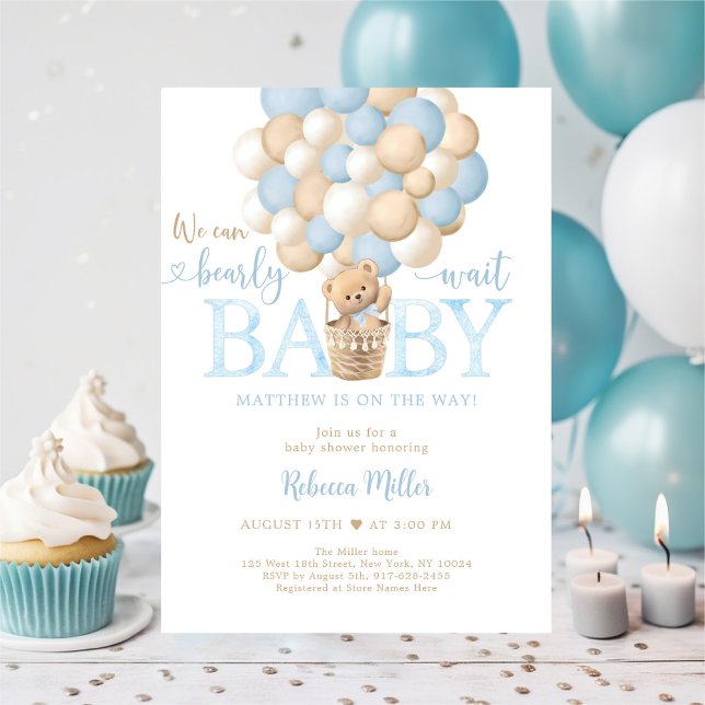 Blue Teddy Bear Hot Air Balloon Baby Shower Invitation (Creator Uploaded)