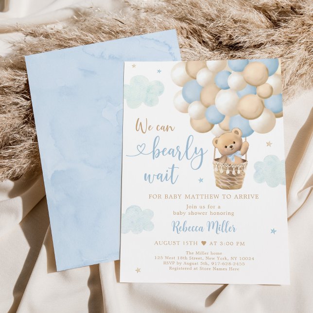 Blue Teddy Bear Hot Air Balloon Baby Shower Invitation (Creator Uploaded)